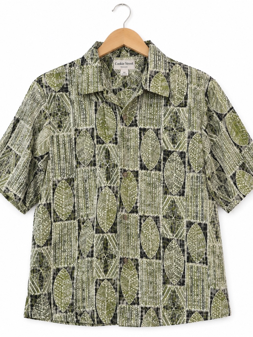 Cookie Street Honolulu Hawaiian Shirt Men’s M Green Black Tribal Print Cotton